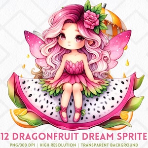Dragonfruit Dream Sprite JPG, akwarela różowy Chibi Fruit Fairy Clipart, Tropical Kawaii Fae Girl, Whimsical Dragonfruit Digital Sticker