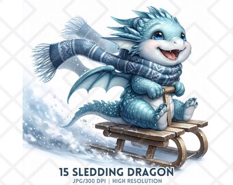 Sledding Dragon Clipart JPG Cute Winter Dragon on Sled Fantasy Snow Day for Kids JPG Sublimation Digital Sticker Junk Journals