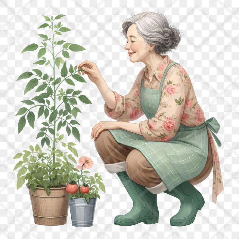 Gardening Old Lady Clipart PNG Cute Grandma Cottagecore Granny Floral ...