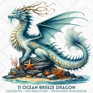 Ocean Breeze Dragon Clipart PNG Sea Dragon Digital Sticker for Junk Journal Sublimation Card Making Fantasy Beach Art