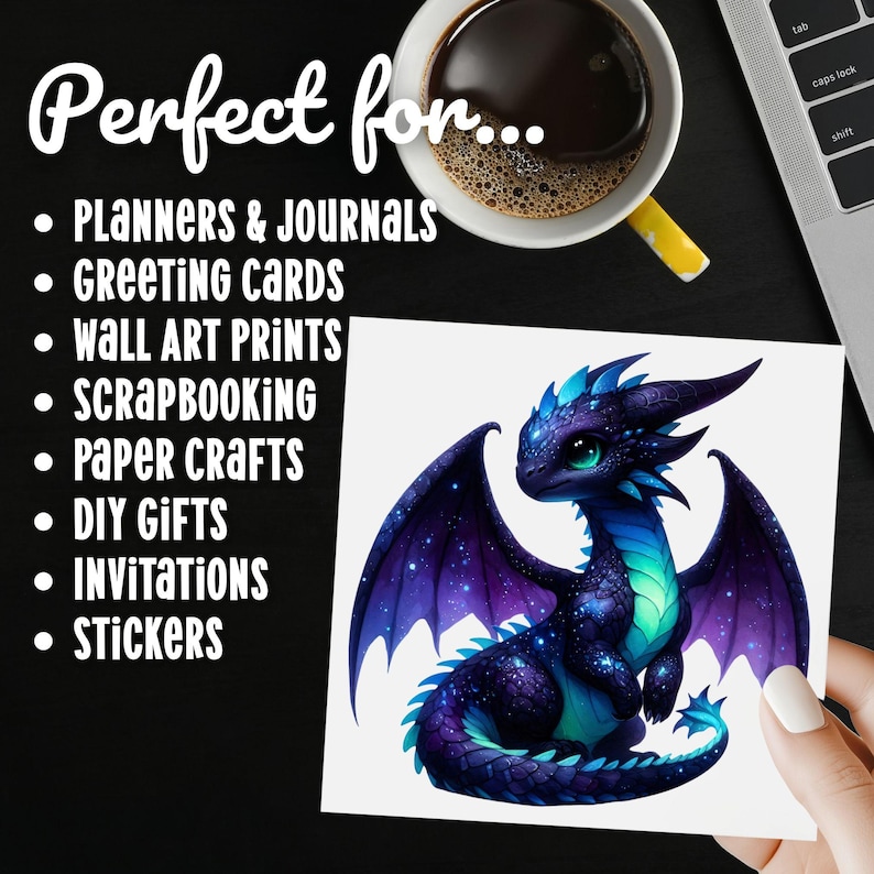 Puede incluir: Una impresi&oacute;n cuadrada de un drag&oacute;n de fantas&iacute;a en tonos azules, morados y turquesas, sostenida por una mano. El drag&oacute;n tiene grandes alas. El texto a la izquierda dice "Perfect for..." y enumera varios proyectos de manualidades.
