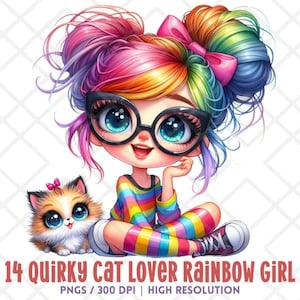 Katze Regenbogen Chibi Mädchen Clipart PNG, niedliches Aquarell Kawaii nerdiges Mädchen Cliparts, bunte, wunderliche Kunst mit Katze, heller digitaler Aufkleber