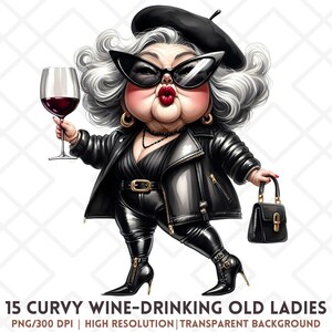 Clipart oude dames, pittige bochtige oude dames png, fashionista plus size oma's clipart, wijnliefhebber oma digitale download, senior png