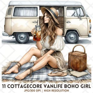 Pretty Girls JPEG, Boho Girl Clipart JPG, Retro Road Trip, Hippie Travel Vintage camper, digitale stickers, commerciële licentie