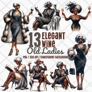 Clipart di vecchie signore nere, Clipart di vecchie signore del vino eleganti PNG, Nonna donna nera sofisticata, Clipart di nonna afroamericana affascinante