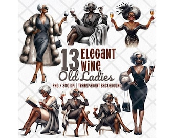 Clipart de senhoras negras idosas, Clipart de senhoras idosas elegantes bebendo vinho em PNG, Avó negra sofisticada, Clipart de avó afro-americana glamorosa