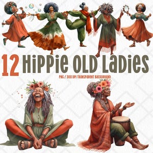 Hippie African American alte Damen PNG, tanzende schwarze Frauen Clipart, fröhliche Oma digitaler Aufkleber, glücklich Aquarell Großmutter Clipart