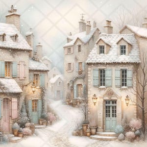 15 akvarellpastell vinterby clipart snöiga europeiska hus JPG för julkort scrapbooking semester sublimering dekor