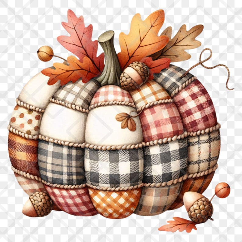 Autumn Leaves Pumpkin Clipart PNG, Plaid Patchwork Pumpkin Fall Clip ...