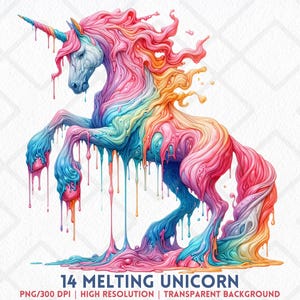 May include: A colorful illustration of a unicorn with a melting effect. The unicorn is depicted in shades of pink, blue, yellow, and orange, with the colors dripping down its body. The image includes the text "14 MELTING UNICORN".