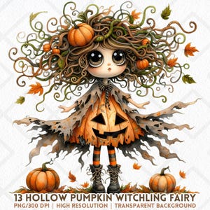 Calabaza hueca, hada bruja, clipart PNG, Halloween, niña, Jack-O-Lantern, otoño, pegatina, arte de sublimación, descarga instantánea, pegatina digital