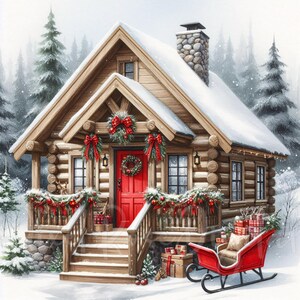 May include: A snowy winter scene of a log cabin decorated for Christmas. The cabin has a red door, wreaths, and garlands. A red sleigh filled with gifts sits in front of the cabin. The roof is covered in snow, and evergreen trees surround the cabin.