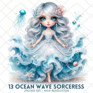Ocean Goddess Fantasy Clipart, Ethereal Sea Princess JPG, Whimsical Mermaid Queen, Elegant Water Nymph Ocean Wave Sorceress Digital Download