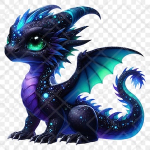 Puede incluir: Ilustraci&oacute;n fant&aacute;stica de un beb&eacute; drag&oacute;n con tem&aacute;tica de noche estrellada. El drag&oacute;n presenta un cuerpo negro con detalles azules y morados, grandes ojos verdes y una larga cola curvada. Las alas son una mezcla de azul y verde.