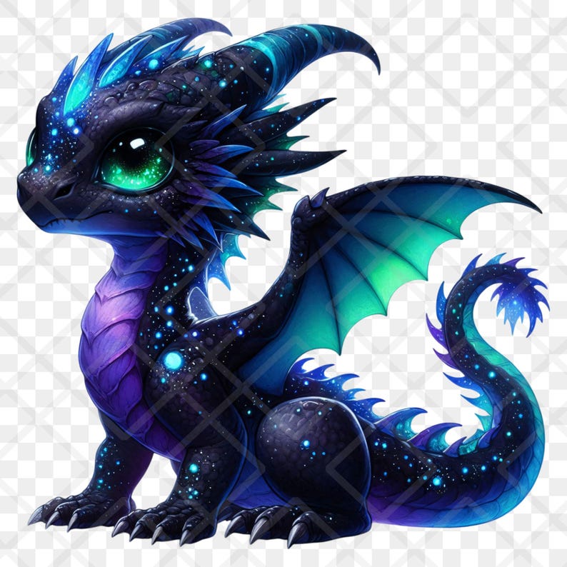 Puede incluir: Ilustraci&oacute;n fant&aacute;stica de un beb&eacute; drag&oacute;n con tem&aacute;tica de noche estrellada. El drag&oacute;n presenta un cuerpo negro con detalles azules y morados, grandes ojos verdes y una larga cola curvada. Las alas son una mezcla de azul y verde.