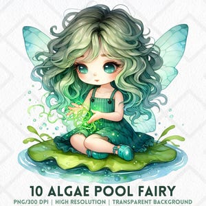 Fada de piscina de algas PNG, clipart fofo de fada verde em aquarela, garota fantasiada de nenúfar, arte digital de fada para diário, scrapbooking, artesanato
