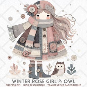 Può includere: Illustrazione ad acquerello di una ragazza con cappotto invernale, cappello e sciarpa, con un gufo e fogliame invernale. L'outfit della ragazza è un patchwork di tessuti rosa, grigi e blu. L'immagine contiene il testo "Winter Rose Girl & Owl".