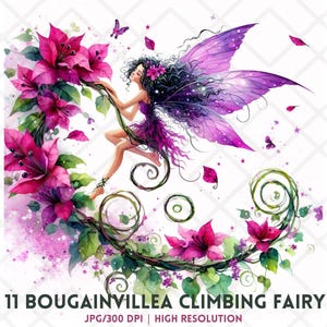 May include: A purple fairy with iridescent wings flies through a vine of pink bougainvillea flowers. The fairy has long, dark hair and is wearing a purple dress. The flowers are in full bloom and have a watercolor effect.