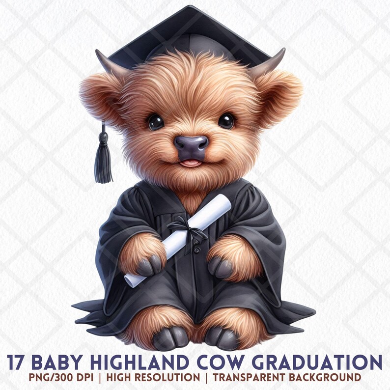 Baby Highland Cow Graduation Png Clipart, Cute Cow Png, Watercolor ...