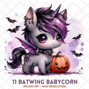 Fledermausflügel Babycorn JPG, Gothic Halloween Einhorn Clipart, Süßer Pastel Goth Pony Digitaler Aufkleber, Gruseliges Kawaii Chibi Einhorn Handwerk Journal