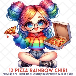 Pizza Regenbogen Chibi Clipart, niedliches Aquarell Mädchen im Regenbogen Kleid mit Pizza, Kawaii digitaler Aufkleber für Handwerk & Journaling Scrapbook