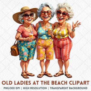 Old Ladies at the Beach PNG, Funny Caricature Clipart, Quirky Summer Art, Beach Vacation Graphic, Digital Sticker, Digital Download