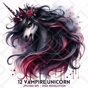 Vampire Unicorn Clipart Gothic Halloween Unicorn JPG Creepy Scary Dark Fantasy Unicorn JPG Sublimation Crafting Journaling Digital Sticker