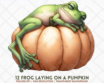 Kikker leggen op pompoen PNG herfstkikker clipart schattig slaperig bos dier herfst oogst Halloween ambachten sublimatie digitale sticker tijdschriften