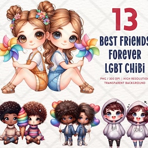 Beste Freunde für immer LGBT Chibi Clipart Pride Month LGBTQIA PNG Digital Download Junk Journal Digital Sticker