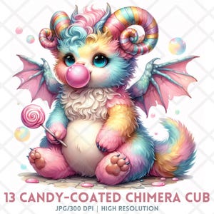 Lindo cachorro de quimera (JPG), arte de criatura fantástica en acuarela, pegatinas digitales de monstruo de caramelo arcoíris, impresión digital de animal alado en tonos pastel