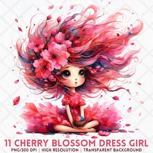 Cherry Blossom Whimsical Windswept Hair Girl PNG, Watercolor Fairytale Cartoon Girl Clipart, Digital Download for Junk Journal, Paper Craft