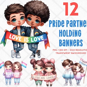 Partenaires de la fierté tenant des bannières Chibi LGBT Clipart mois de la fierté Gay Lesbian Pride drapeau LGBTQIA PNG Journal de téléchargement numérique Sticker numérique