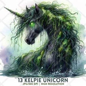 Clipart di unicorno di Halloween JPG Kelpie inquietante Cavallo acquatico Mostro muschioso inquietante Cavallo demone del lago Fantasy oscuro JPEG Adesivo digitale Sublimazione
