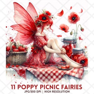 Poppy Picnic Fairies JPG, Clipart de fada de flor vermelha em aquarela, Adesivo digital de fantasia de morango de verão caprichoso, Sublimação de garota fada