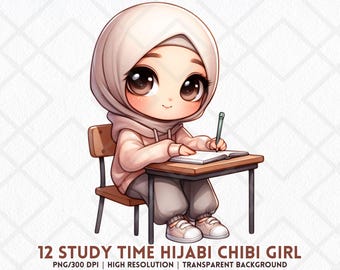 Cute Hijabi Chibi Girl Clipart Study Time Muslim Islam Muslimah PNG Islamic Modesty Girl Clipart Faith Hijabi Lady Clipart Digital Sticker
