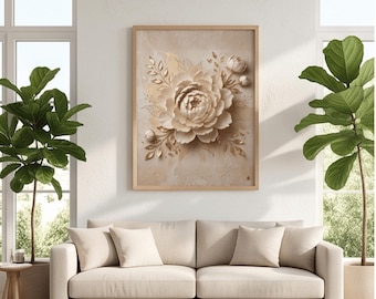 Neutral 3D Floral Peony Poster with Wooden Frame | Beige Botanical Wall Art
