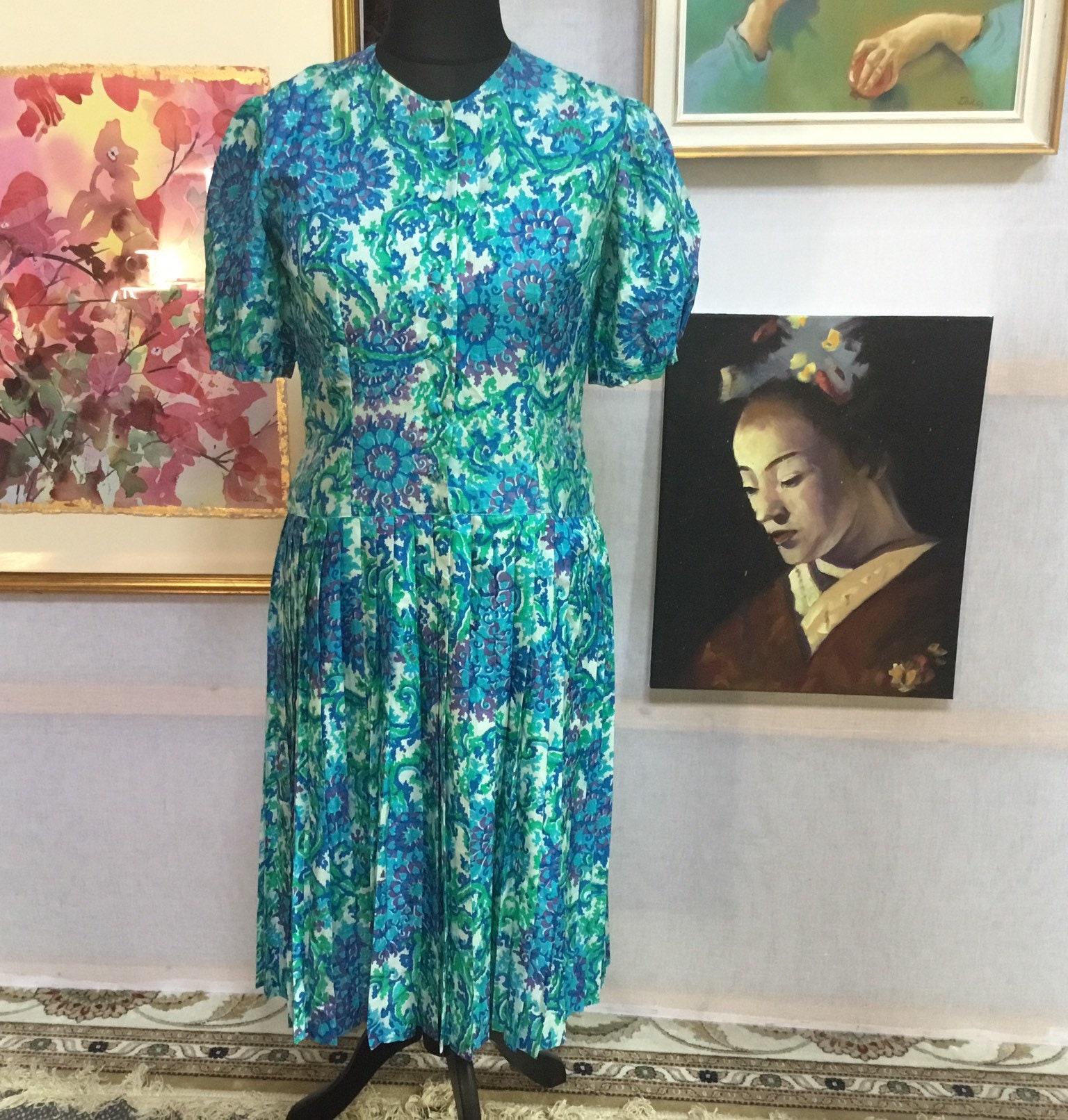 Vintage Pleated Blue Floral Dress