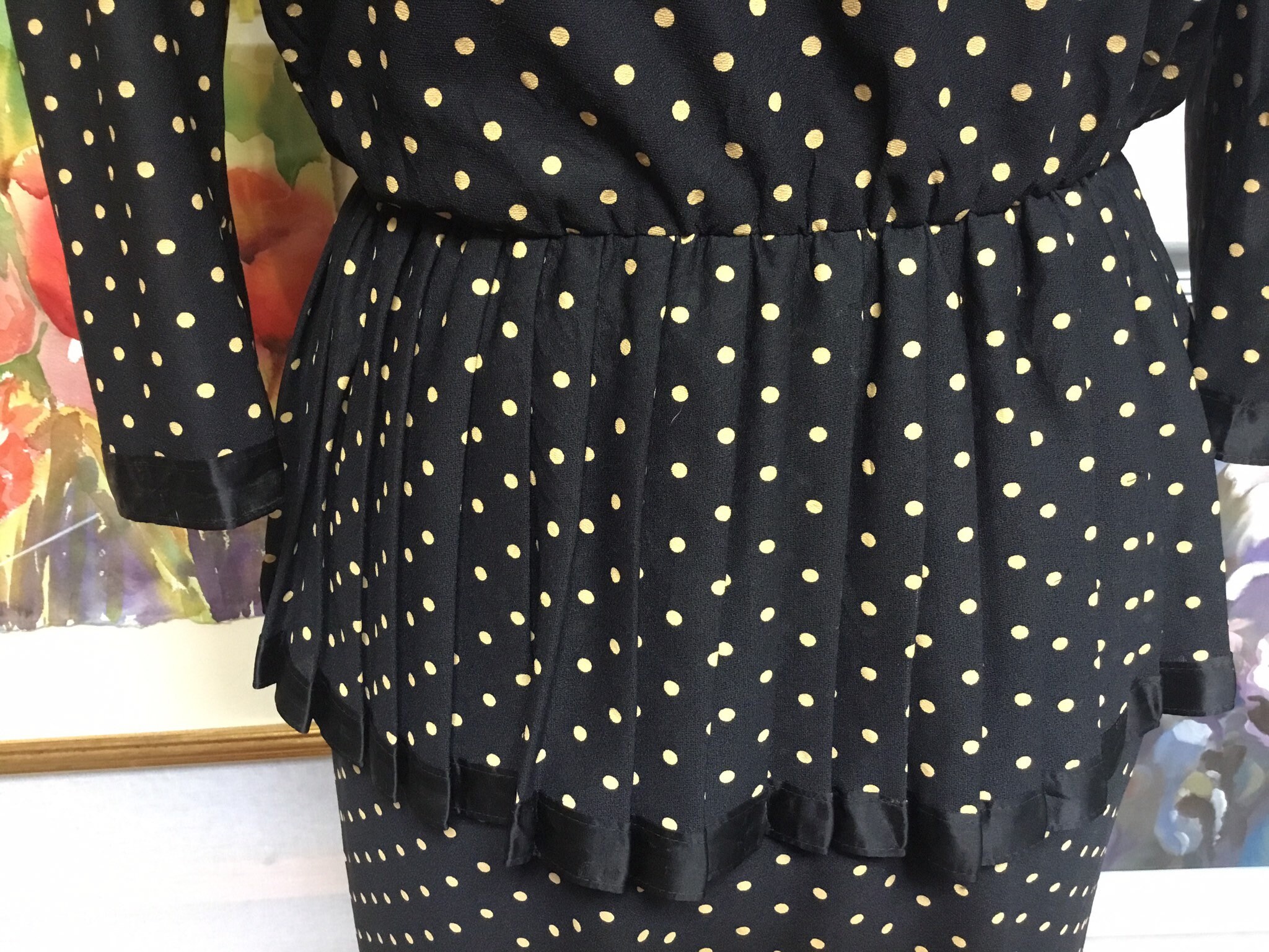 Vintage dress 1980s polka dot in black and cream with pleated | Etsy