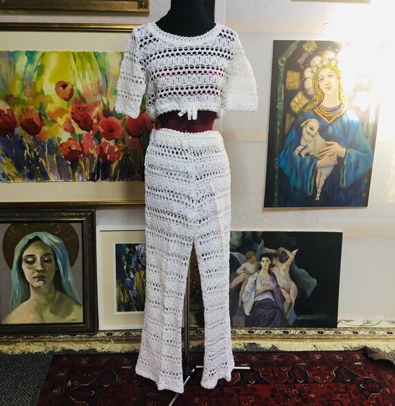 Vintage trouser suit crochet trousers white croche