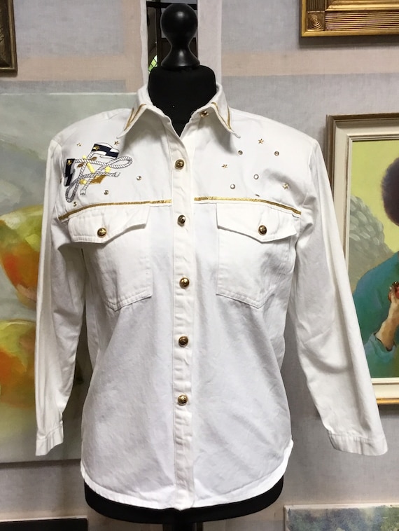 white denim military dress