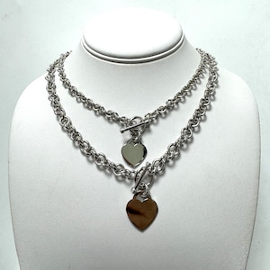 Sterling Silver Heart Toggle Chain Necklace, Real Solid Silver Jewelry, 16&quot; 18&quot;, 6mm 8mm Thick, Gift For Her, Chunky 925 Silver Necklace