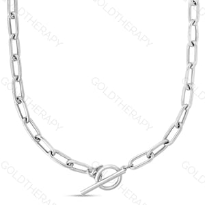 Sterling Silver Paperclip Toggle Chain Necklace, Real Solid Silver Jewelry, 18&quot;, Gift For Her, Chunky 925 Silver Necklace, Rhodium Plated
