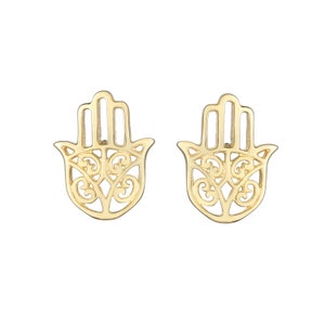 Small 14K Yellow Gold Hamsa Stud Earrings, Dainty Gold Hamsa Earrings, Real Gold Evil Eye Protection Jewelry, Minimalist Gold Earrings Women