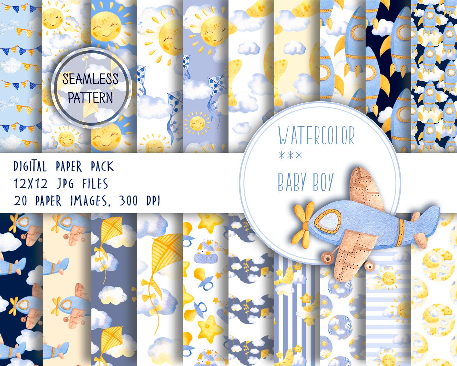 Baby Boy Paper Pack Blue Nursery Digital Background Baby Scrapbook Baby Shower Teddy Bear Toys Seamless Patterns Handpainted Illustration