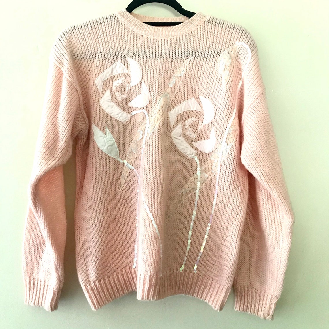 Vintage 80s Pale Pink Sequin Floral Acrylic Sweater Womens Etsy UK