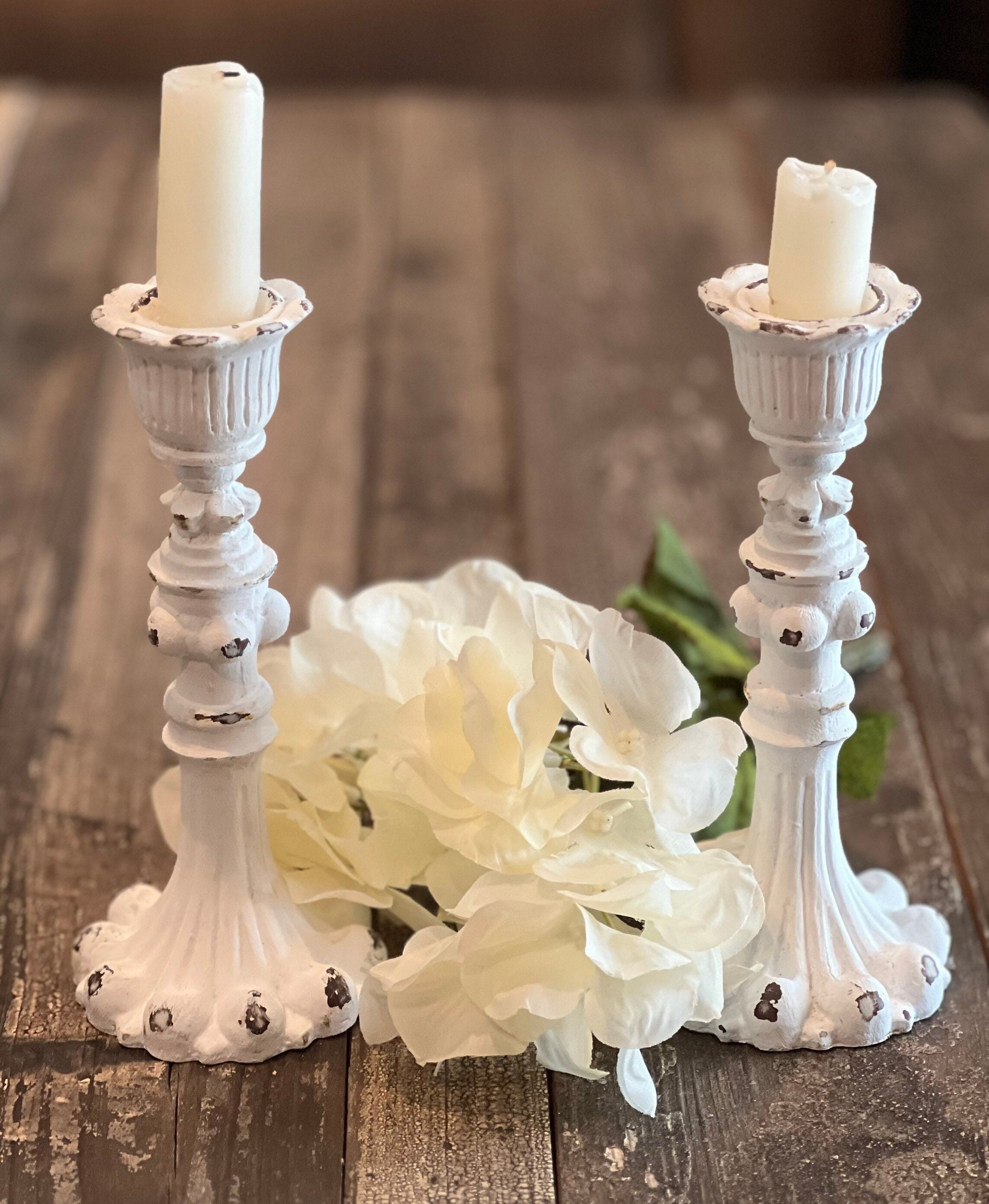 Shabby Chic Candle Holder Set White Distressed Candlestick Etsy