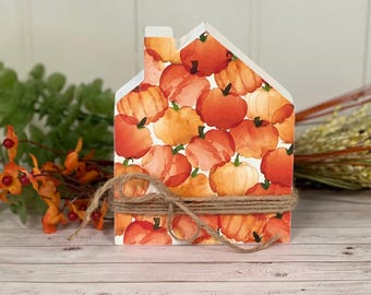 Decoupaged Pumpkin Wood House, Farmhouse Fall Decor, Tiered Tray Accent