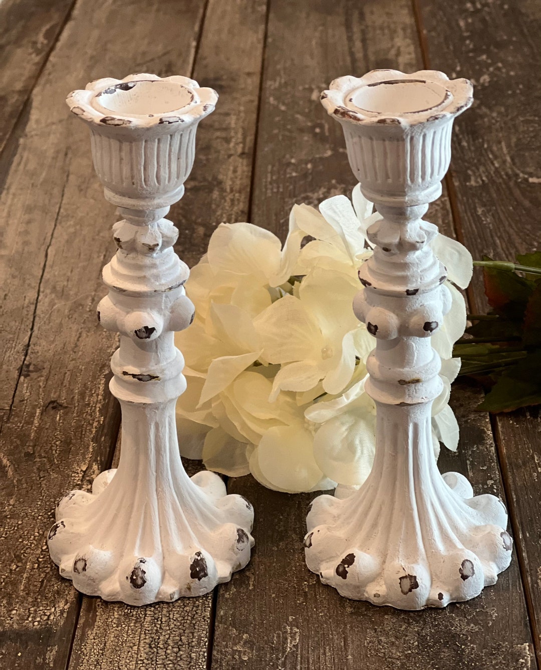 Shabby Chic Candle Holder Set White Distressed Candlestick Etsy