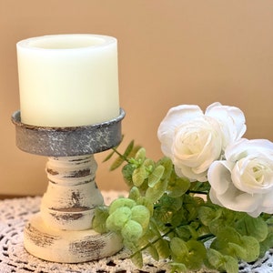 Hand-Painted Ivory Distressed Farmhouse Candleholder, Rustic Wood & Metal Pillar Holder