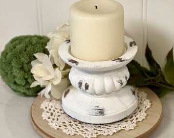 White Distressed Candleholder, Shabby Chic Candleholder, Modern Country Decor, Farmhouse Decor, Rustic Pillar Candleholder